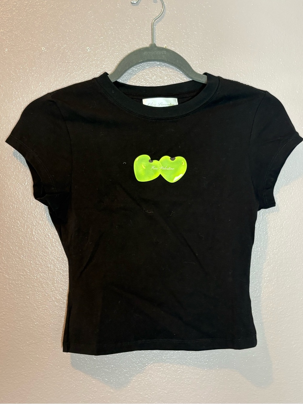Free Palestine Black Tee with Neon Green Heart Detail